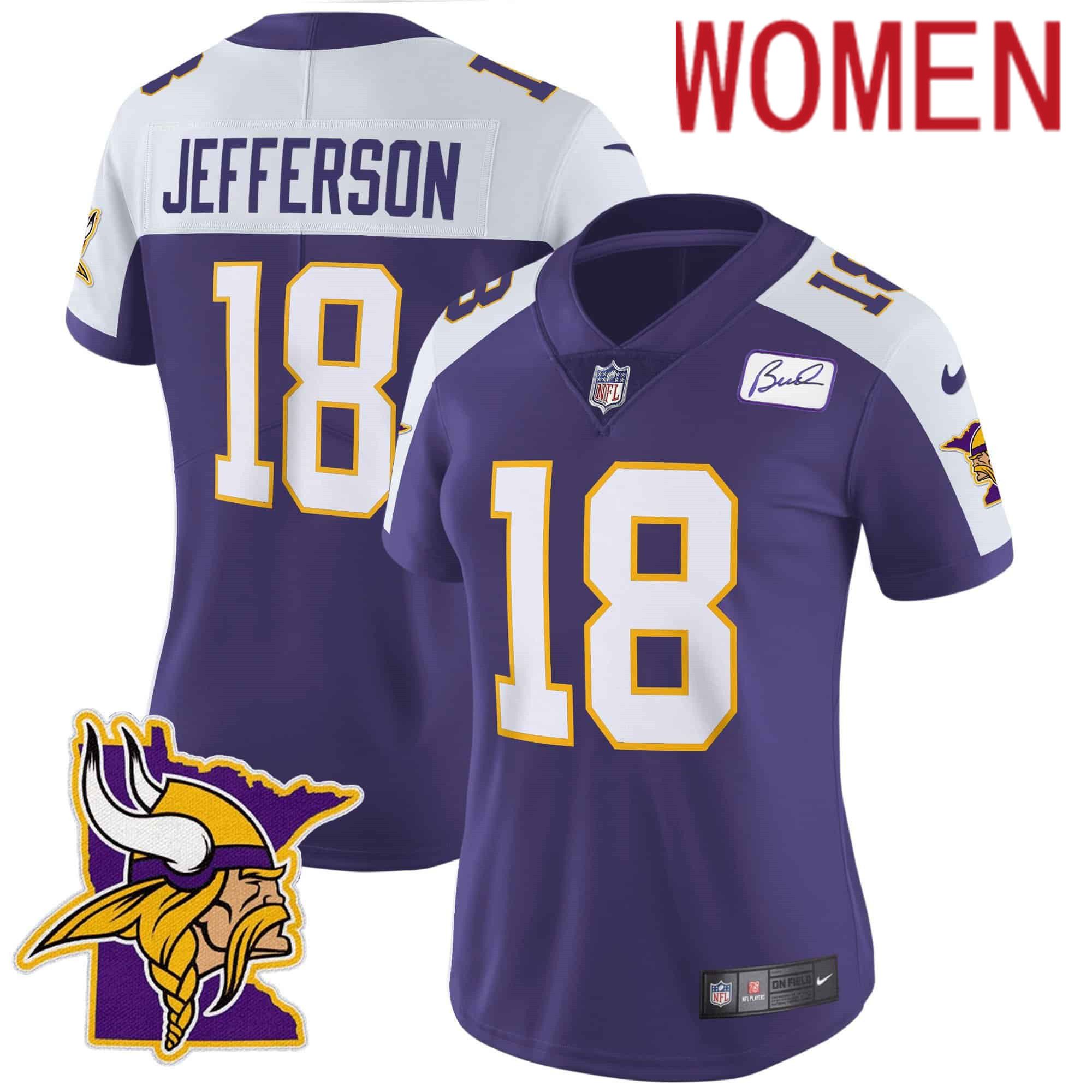 Women Minnesota Vikings 18 Jefferson Purple 2024 Nike Patch Classic Limited NFL Jersey